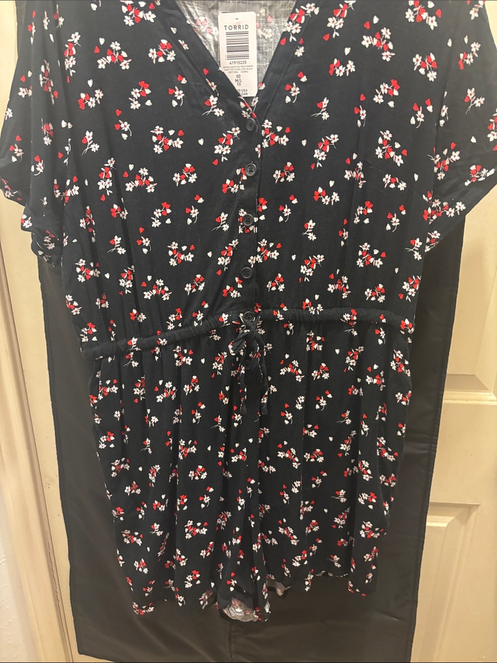 torrid Black Floral Button-Front Romper with Red & White Flowers